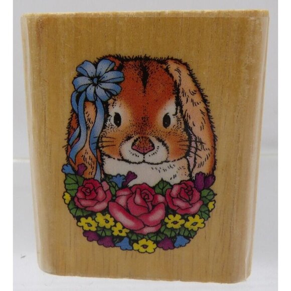 Bunny with Flowers & Blue Ribbon Stamp ©1997 Noteworthy Detailed Easter - Picture 1 of 2